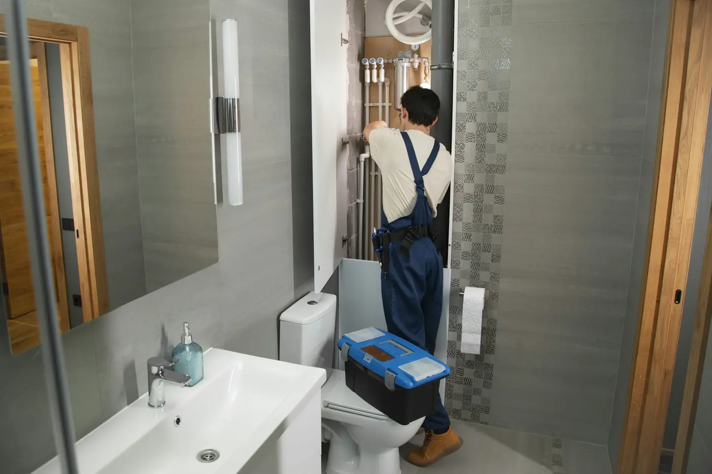 Plumber with a toolbox repairing bathroom plumbing in a York, PA home