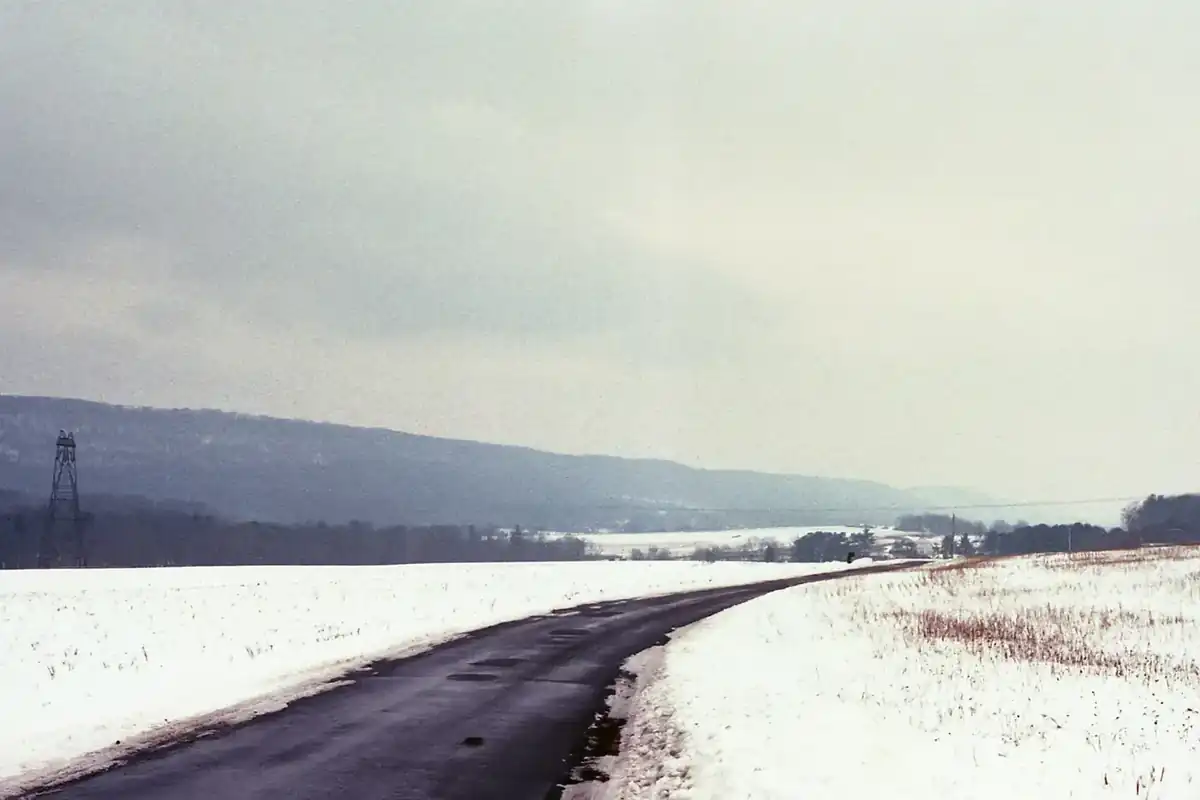 Snow-covered fields along a country road in winter