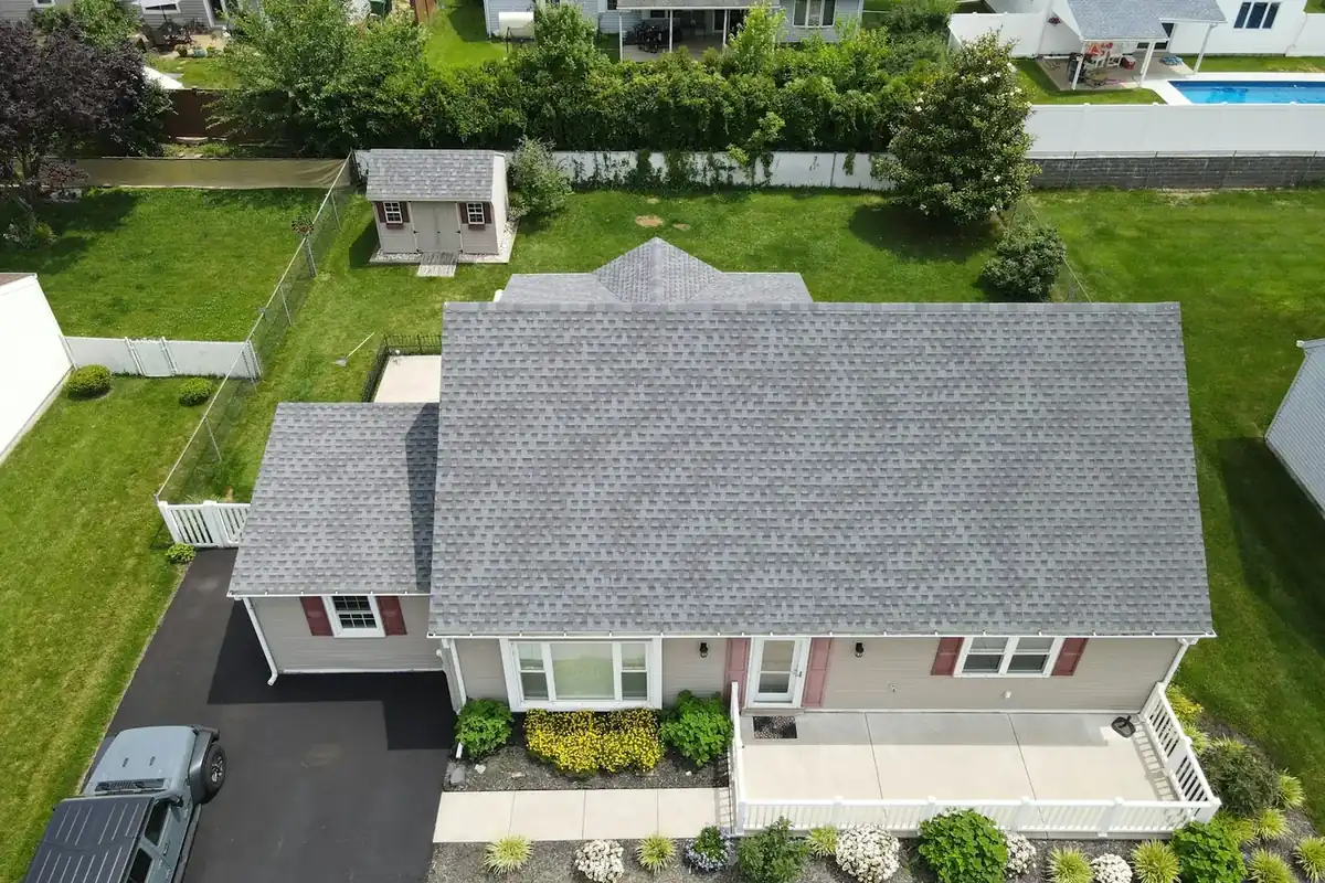 Suburban homes and yards seen from above