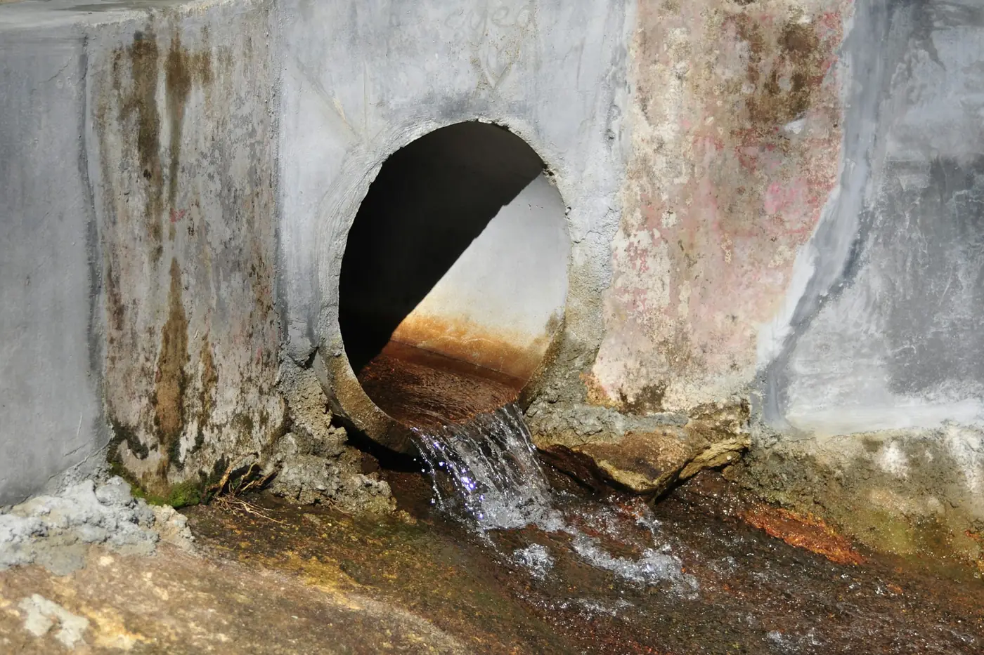 Water flowing out of a drain pipe, like a sump pump discharge line carrying water away from a home